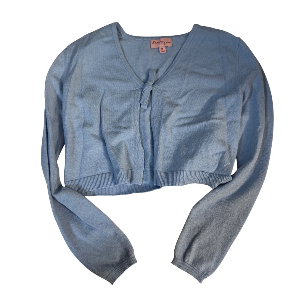 Paisley Lane Light Blue Cropped Knit Cardigan Sweater Long Sleeve Girls 8 tie